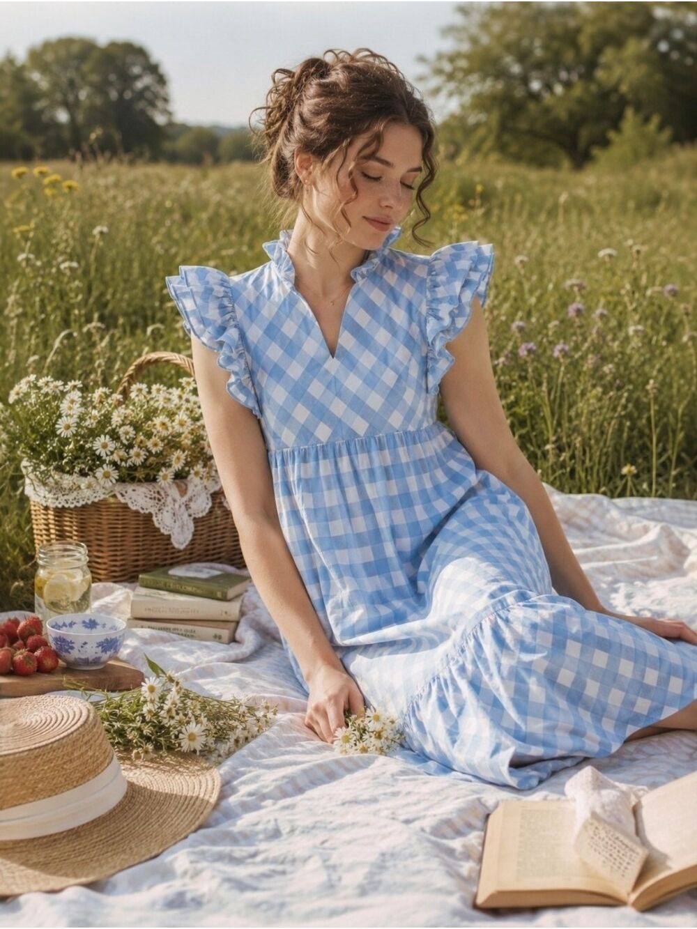 Umgee Blue Gingham Ruffle Midi Dress Small Cottagecore Prairie Pockets NWT - Picture 5 of 7